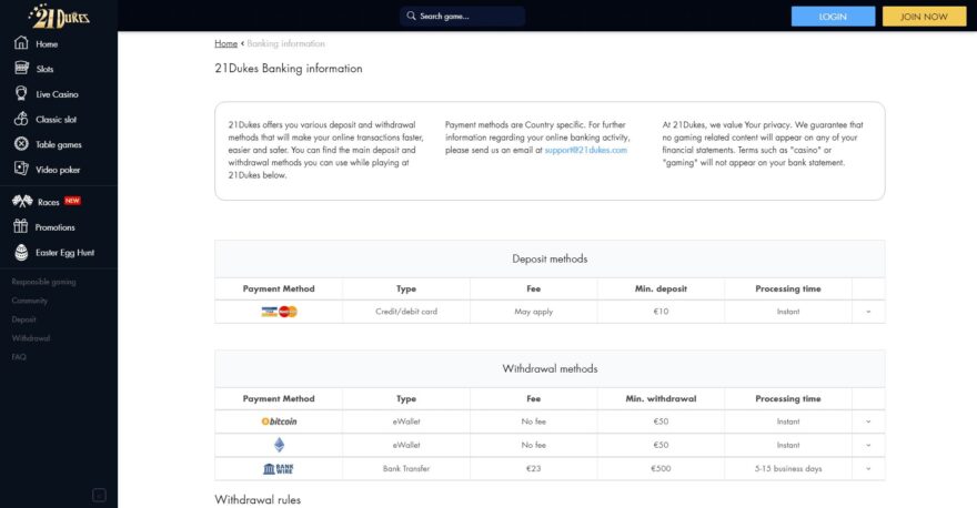 21 Dukes casino payment systems