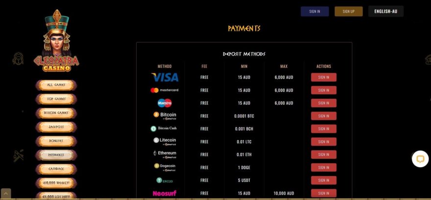 Cleopatra casino payment systems