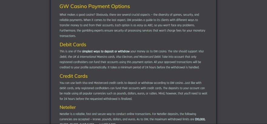 GW casino payment systems