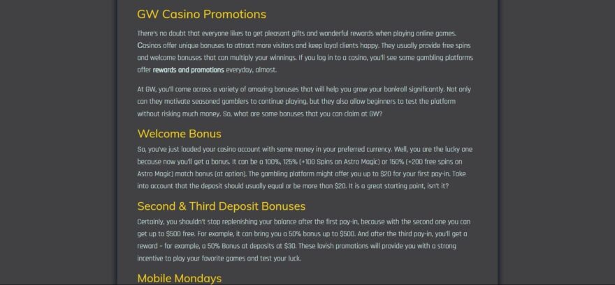 GW casino bonuses