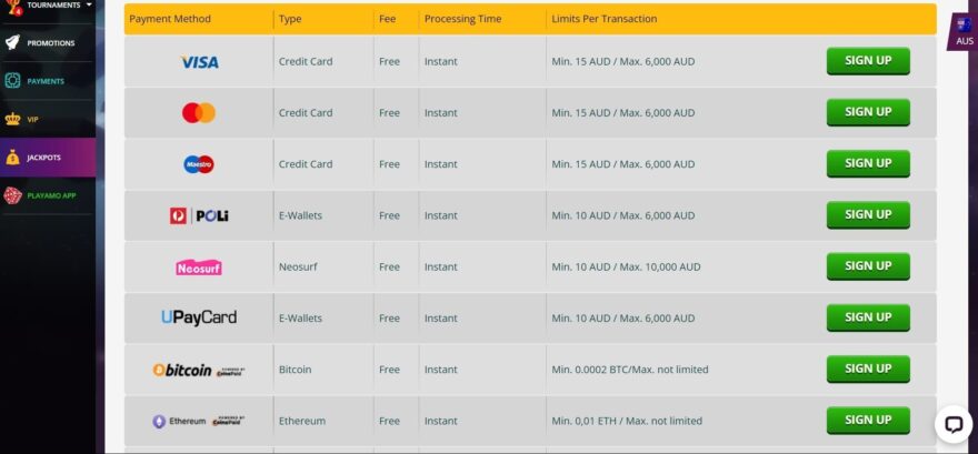 PlayAmo casino payment systems