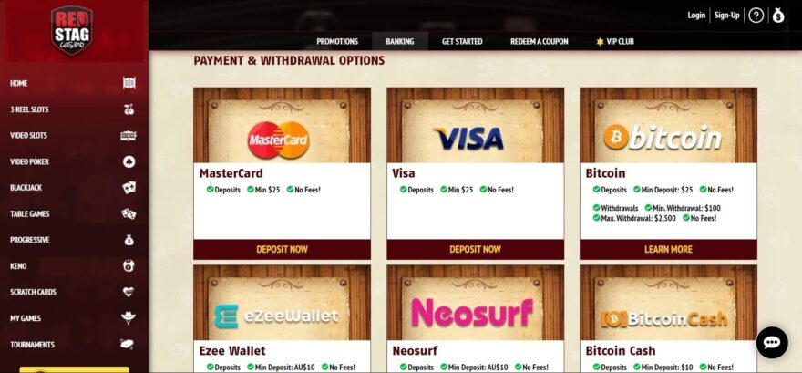 Red Stag casino payment systems