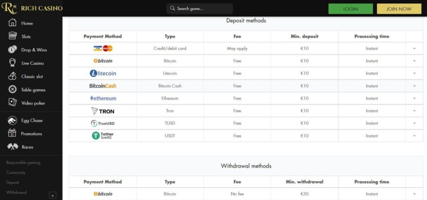 Rich casino payment systems