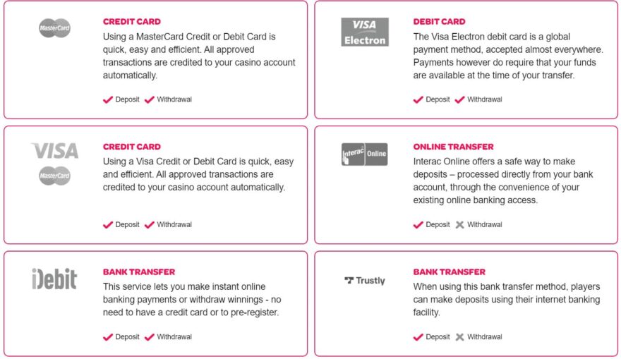 Spin Palace casino payment systems