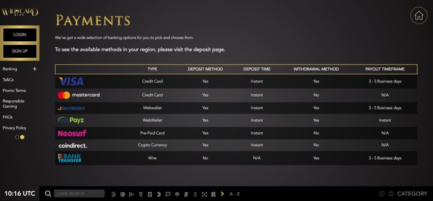 Wild Card City casino payment systems